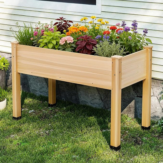 AMERLIFE Raised Garden Bed, 48x30x24 Inches Elevated Wood Planter Box with Legs, Bed Liner, Divider and Drainage Holes for Backyard, Patio, 200 lb Capacity - Light Wood