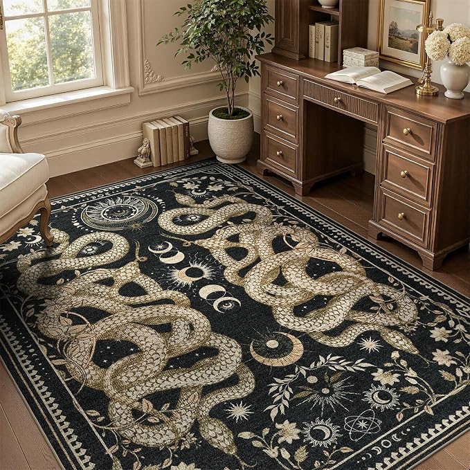 DCX 4x6 Washable Snake Rug for Living Room, Non Slip Low Pile Rug, Black | Rugs for living rooms, bedroom, dining room, office, soft, gothic rug, sain resistant indoor carpet, home decor