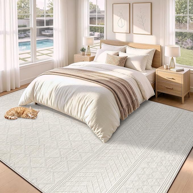 pmtsns Area Rugs 9x12 Washable Rug for Living Room(Taupe, 9'x12') | Modern Geometric Moroccan Large Rugs Non-Slip Soft Stain Resistant Rug Indoor Printed Carpet for Bedroom Dining Room Nursery