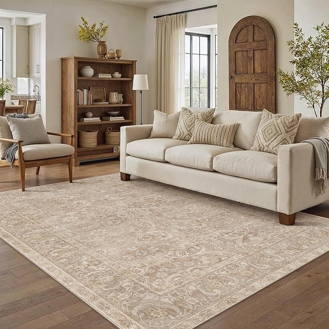 Brown 5x7 Washable Area Rug Living Room Vintage Distressed Carpet | Soft Low Pile, Non Slip, Stain Resistant, Large, Retro Accent Decor for Bedroom, Dining Room, Office, Kids Room