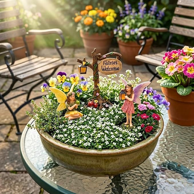 PRETMANNS Fairies for Fairy Garden – Cute Accessories for an Outdoor Miniature Garden with Figurines and a Sign- Colorful Supplies – 3 Piece Set