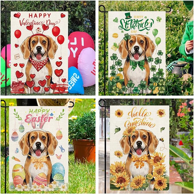 Beagle Garden Flags 12x18 Double Sided for All Seasons and Holidays, Funny Dog Welcome Flags for Outside Set of 12, Puppy Lawn Flag for Pet Lover, Beagle Outdoor Decorations for Farmhouse