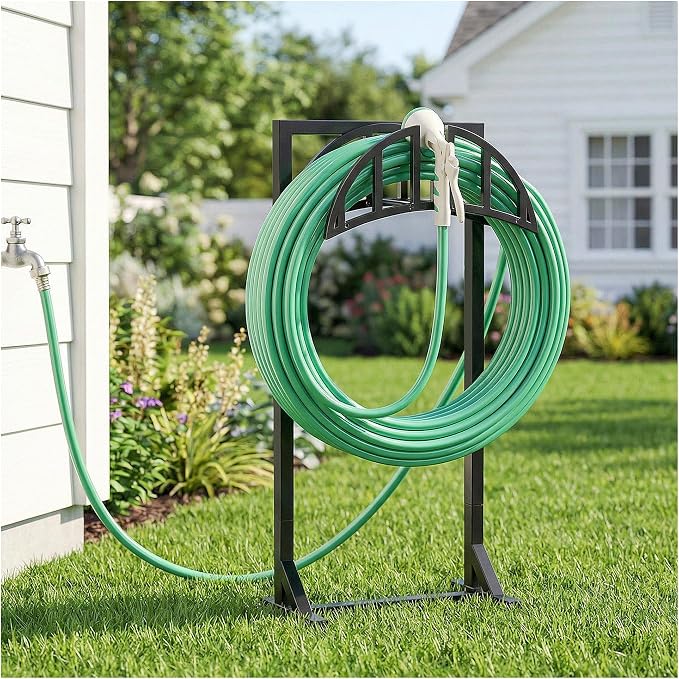 YQSLYSF 2 Pack Garden Hose Holder, Water Hose Stand with 4 Stake and 2 Tool Hooks, Heavy-Duty Metal Hose Storage Holds 150Ft, Freestanding Hose Hanger Rack for Outside, Yard, Lawn, Farm