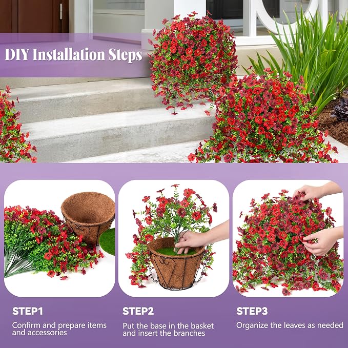 Ammyoo Artificial Fake Hanging Flowers Plants with Basket for Outdoor Spring Decoration, Faux Silk Daisy Flower Real Touch UV Resistant for Outside Porch Patio Garden Yard Home Decor(Red Brown)