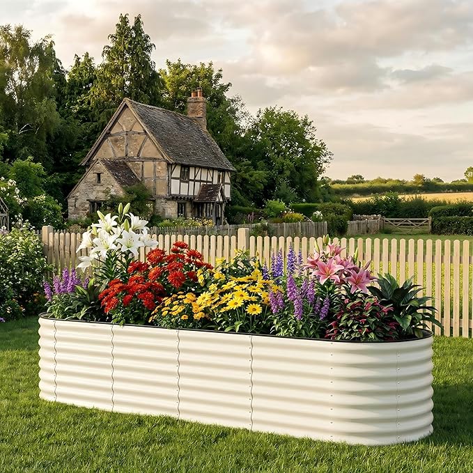 Garvee 8x2x1.5ft Galvanized Raised Garden Bed, Oval Metal Planter Box with Anti-Cut Safety Edges, 179 Gallons Rust-Resistant Deep Root Planter for Outdoor Vegetables, Flowers, Herbs, Beige