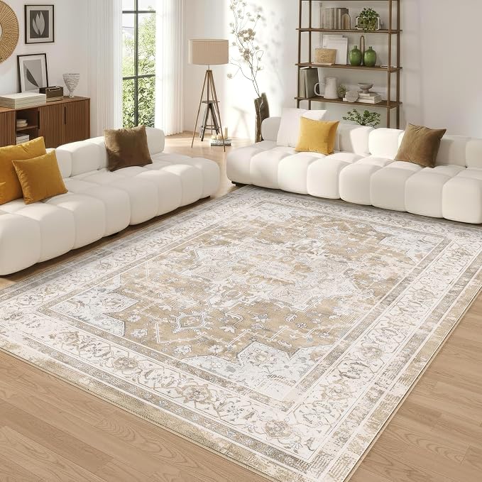 8x10 Area Rug Vintage Washable Rugs for Living Room Bedroom Nursery | Farmhouse Boho Floral Neutral Washable Stain Resistant Indoor Carpet for Bedroom Office and Home Decor(Beige&Brown)