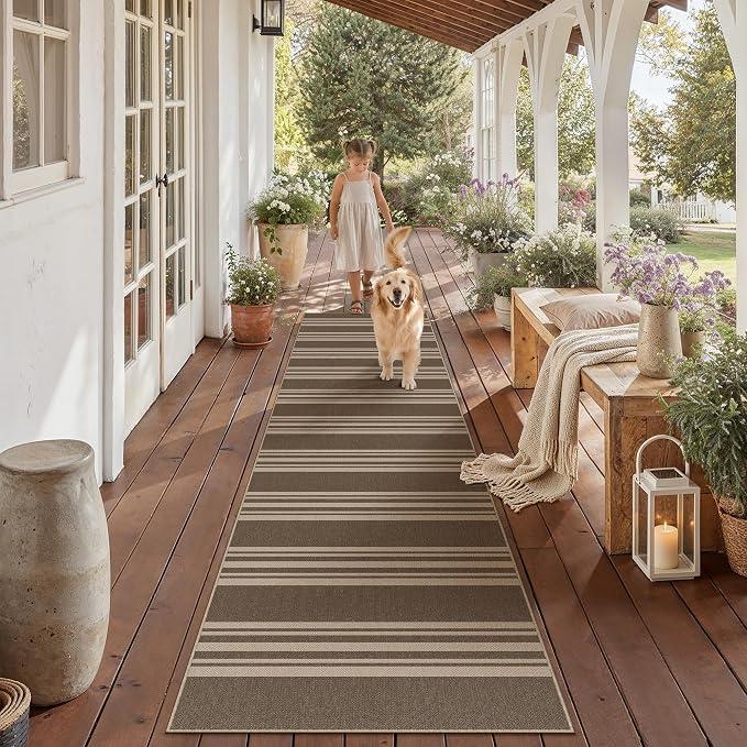 PureCozy Striped Easy Jute 2x8 Kitchen Runner Rug Brown Washable Carpet for Hallway Non Slip Farmhouse Neutral Non Shedding Indoor Outdoor 2'6"x8 Long Rug Bathroom Bedroom Laundry Entryway