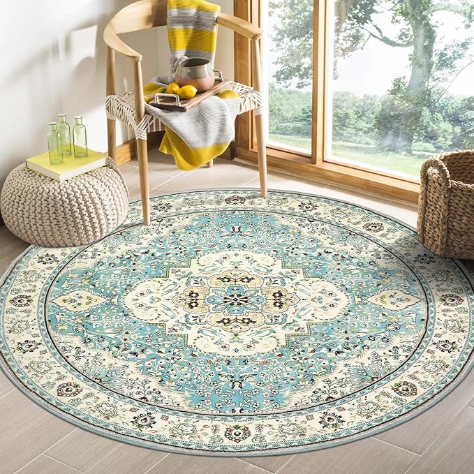Lahome Felice Floral Medallion Round Rug - 4Ft Distressed Round Entrance Area Rug, Soft Non-Slip Machine Washable Foyer Mat Indoor Floor Office Chair Carpet for Playroom Recliner Nursery