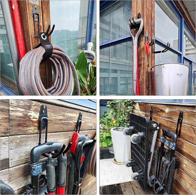 3-H Garden Hose Holder Wall Mount 4 Pack Solid Steel 5.9 Inch Extended Arm Compact Hose Hanger Heavy Duty Water Hose Holders for Outside,Black