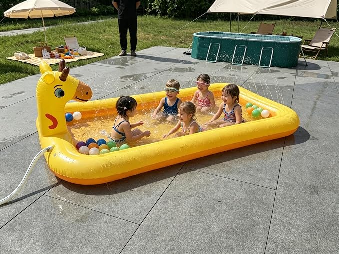 4-in-1 Inflatable Giraffe Kids Pool, 5.5FT Heavy-Duty Toddler Wading Pool, Sprinkler Splash Pad, Ball Pit, Outdoor Party Serving Bar Ice Cooler for Ages 1-3, Small Dogs