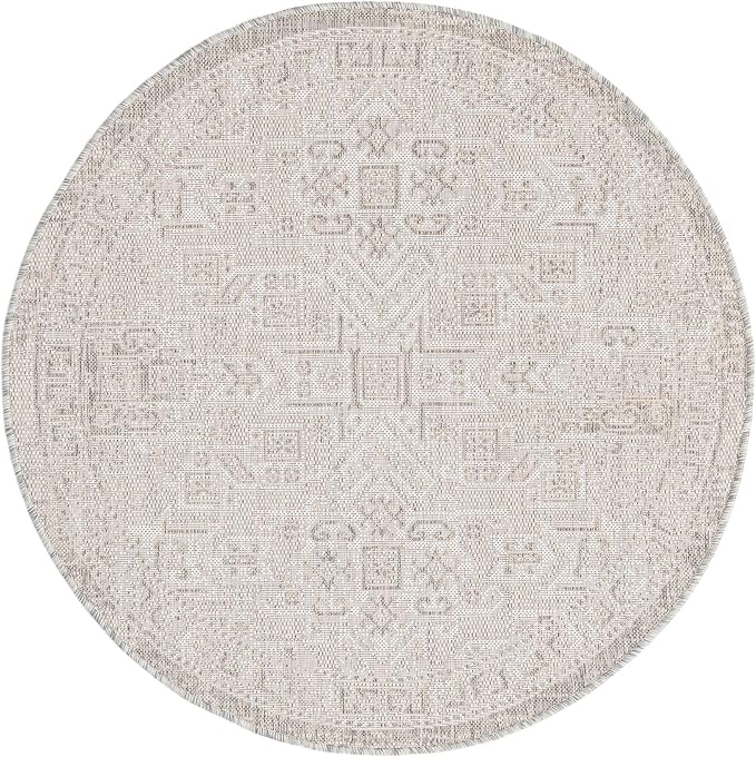 Unique Loom Outdoor Aztec Collection Area Rug - Coba (4' 1" Round, Light Gray/ Ivory)