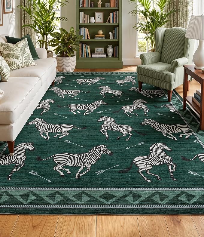 YIHOUSE Green Zebra Area Rugs 5×7, Washable Animal Print Rug with Southwestern Border, Non-Slip Low Pile Mid-Century Modern Carpet for Living Room, Bedroom, Dining Room