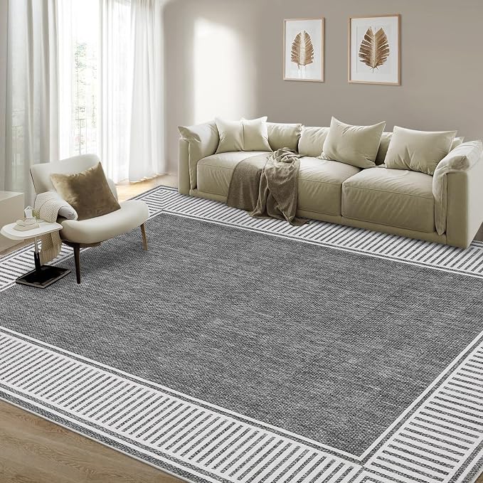 GarveeHome Washable Area Rug 10x13 Modern Bordered Large Living Room Rugs | Bedroom Throw Carpet with Rubber Backing Low Pile Stain Resistant Contemporary Rug for Dining Room Home Office, Grey