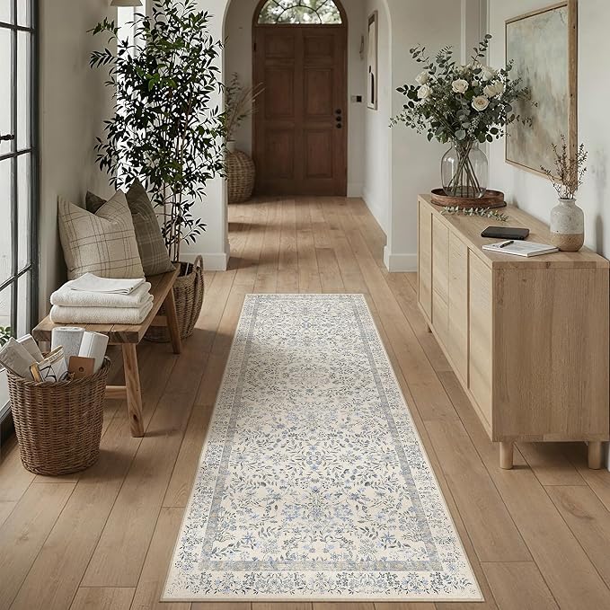 2x5 Blue Floral Runner Rug Vintage Farmhouse Style | Washable, Non Slip, Soft Low Pile, Hallway Carpet for Kitchen, Entryway, Laundry Room, Botanical Decor