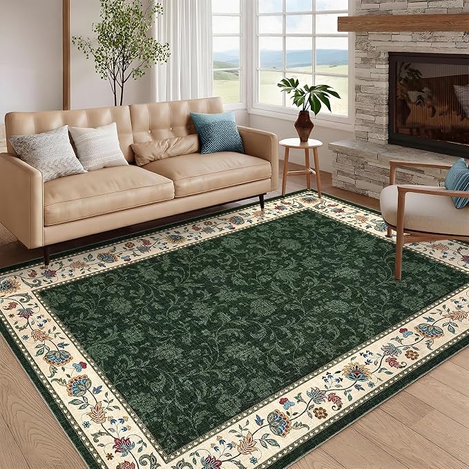 Garvee 8x10 Vintage Floral Washable Rugs for Living Room Bedroom Rug | Green Boho Border Area Rug Stain Resistant Easy Cleaning Throw Rugs Low Pile Floor Cover for Nursery Dining Room Apartment