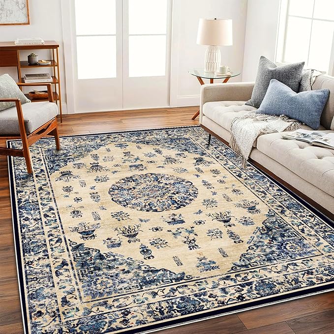 CHAMPLANT Washable Area Rug 4'x6' Traditional Floor Cover Foldable Thin Rugs Retro Kitchen Indoor Distressed Non Slip Carpet Floral Print Mat Bedroom Living Room