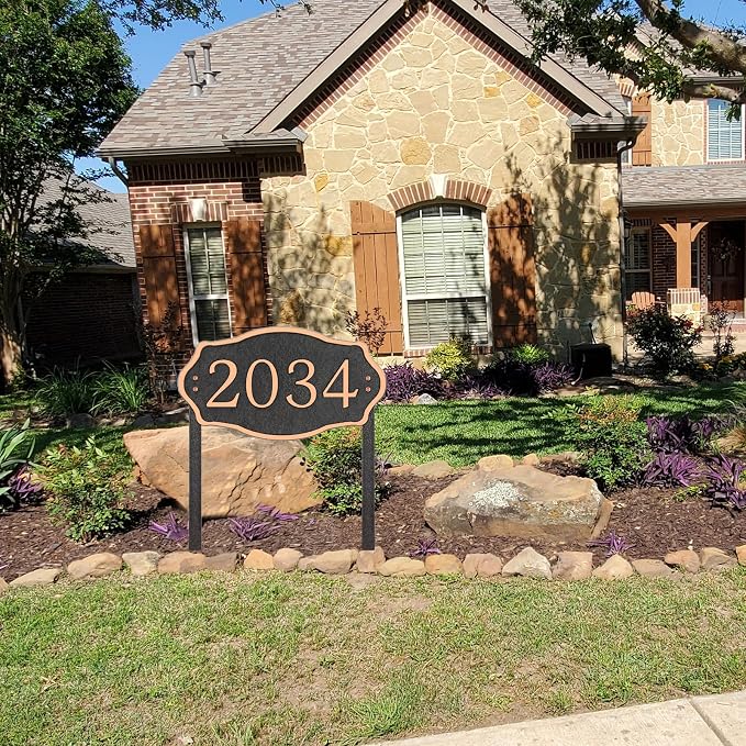 Personalized Address Sign Lawn Mounted - Custom House Number Signs with Metal Stakes for Outside Lawn, House, Yard, Ground, Drive Way, Garden, Free Standing in(Red Copper)