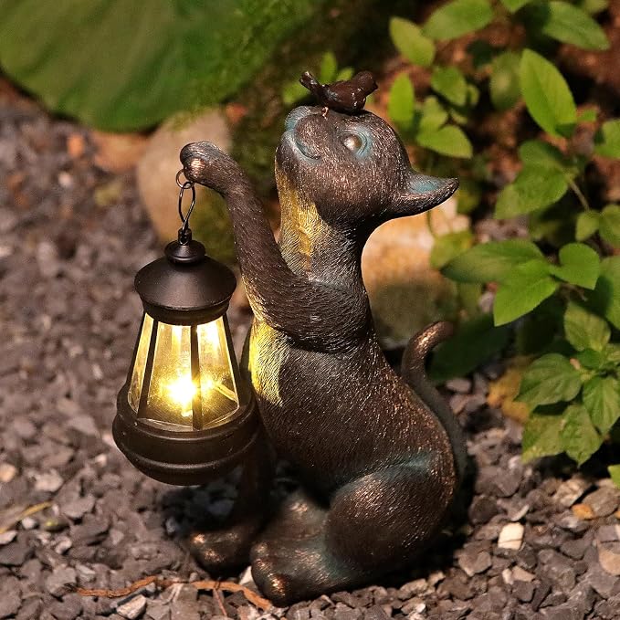 IVCOOLE Outdoor Cat Statues Solar Garden Decor : Cat Figurine with Bird Decor,Unique Garden Art for Porch Patio Balcony Yard Lawn Ornaments - Birthday Housewarming Gifts for Grandma Mom Women