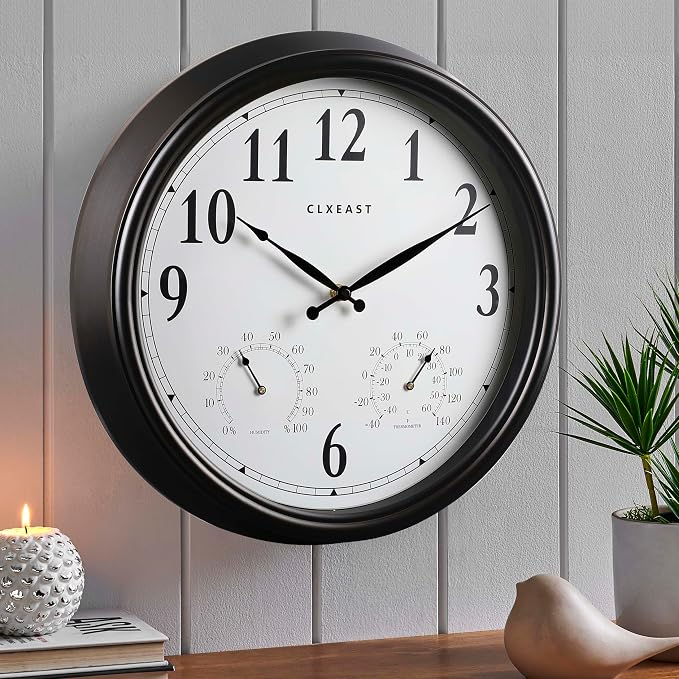 CLXEAST 16 Inch Indoor Outdoor Clocks Waterproof, Large Outdoor Clock with Temperature and Humidity for Patio,Porch,Pool,Oil Rubbed Bronze Black Finish