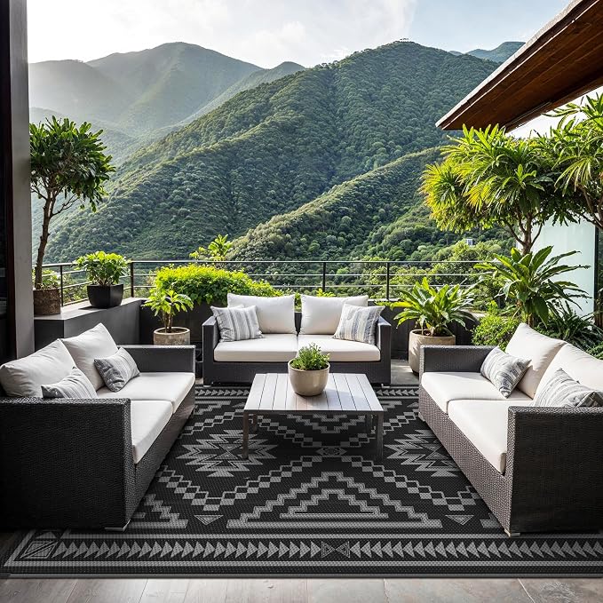 GENIMO Outdoor Rug for Patio Clearance - 5x8 ft Waterproof Plastic Camping Rugs, Reversible Outside Rv Mat Carpet for Porch, Deck, Picnic, Balcony, Beach, Backyard, Black Grey