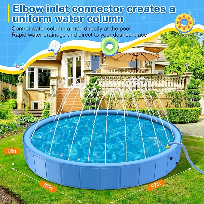 Foldable Dog Pool, 87in Large Sprinkler Pool with Cover, Heavy Duty Dogs Splash Pad with Sprinkler Bathtub for Large Medium Small Pets Summer Outside Water Playingng