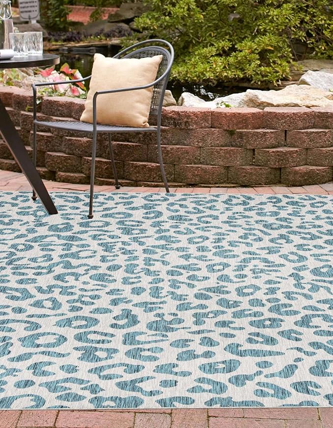 Unique Loom Outdoor Safari Collection Area Rug - Leopard (13' Square, Teal/ Ivory)