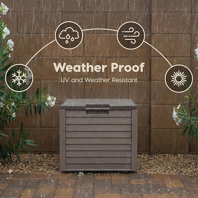 IRIS USA 35-Gallon Outdoor Deck Storage Box, Lockable & UV-Protected, Weather-Resistant Patio Storage for Cushions, Garden Tools & Packages, Waterproof Resin, Durable & Stylish Design - Brown