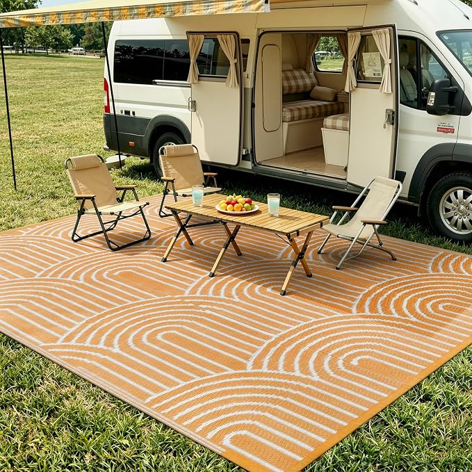 Lahome Outdoor Area Rugs 8x10 Waterproof, Plastic Reversible Rv Mats for Outside, Portable Lightweight Camping Carpet for Beach Backyard Garden (Rainbow Orange, 8'x10')