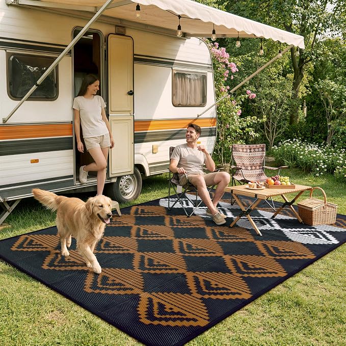 Beeiva Outdoor Rug 8x10 Waterproof for Patio, Reversible Outdoor Patio Rug for Deck, Backyard, RV Camping, Plastic Straw Rug Black Brown