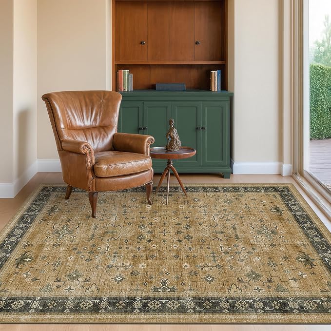 Boho Earth 4x6 Large Entryway Rug - Washable Rustic Brown and Charcoal Olive Mudroom Area Rug, Modern Vintage Kitchen Floor Carpet, Low Pile Non-Slip Carpet for Door Mat Indoor Entrance