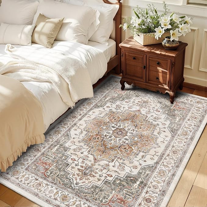 4x6 Vintage Area Rugs for Indoor Entrance Non-Slip Washable Rug | Ultra Soft, Low Pile, Lightweight Carpet, Stain Resistant Rug, Retro Distressed, for Living Room, Bedroom, Playroom, Office