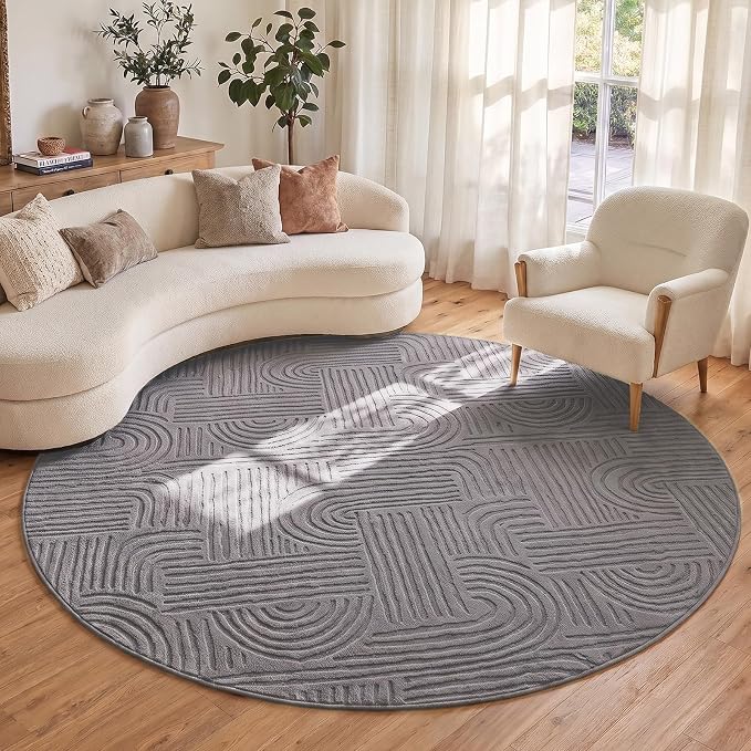 Etwel 6.5 ft Dark Gray Geometric Textured High-Low Pile Washable Round Rug | Modern Soft Carpet, Non-Slip PVC Backing, Low Profile, Kid and Pet Friendly, for Living Room, Bedroom, Dining Room, Nursery