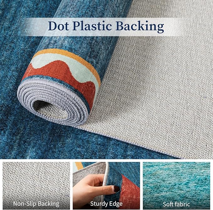 Mid-Century Washed Style Area Rug 5x7 Washable Carpet for Living Room, Non-Slip Low Pile Soft Rug for Bedroom, Kitchen, Entryway, Retro Teal