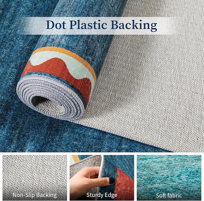 Mid-Century Washed Style Area Rug 8x10, Washable Carpet for Living Room, Non-Slip Low Pile Soft Rug for Bedroom, Kitchen, Entryway, Retro Teal
