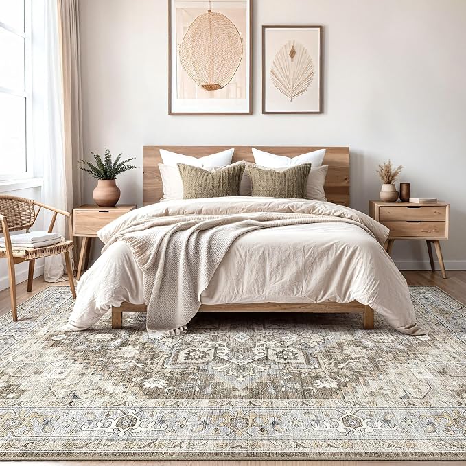 DTICON Vintage Washable 8x10 Area Rug Living Room Rugs, Brown Gray | Boho Distressed, Pet & Kid Friendly, Non-Slip Backing, Soft Polyester, Low-pile Carpet for Living Room, Bedroom, Dining Room
