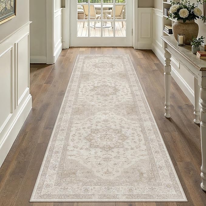 Beige 2x8 Washable Runner Rug Vintage Oriental Medallion Carpet | Soft Low Pile, Non Slip, Stain Resistant, Neutral Retro Decor for Entryway, Kitchen, Bedroom, Hallway