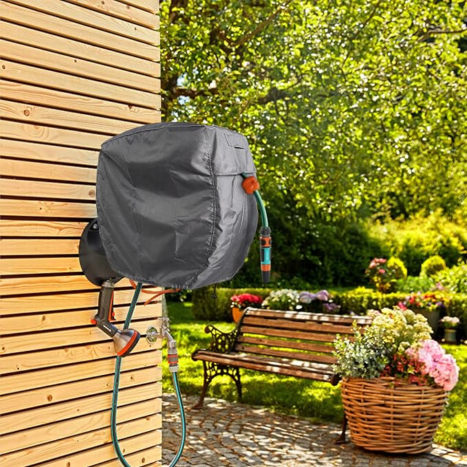 Wall Mounted Hose Reel Cover 26x11x18in 420D Waterproof | Oxford fabric, protection, ventilation, zipper, drawstring, dustproof, windproof, animal guard, backyard, garage, storage