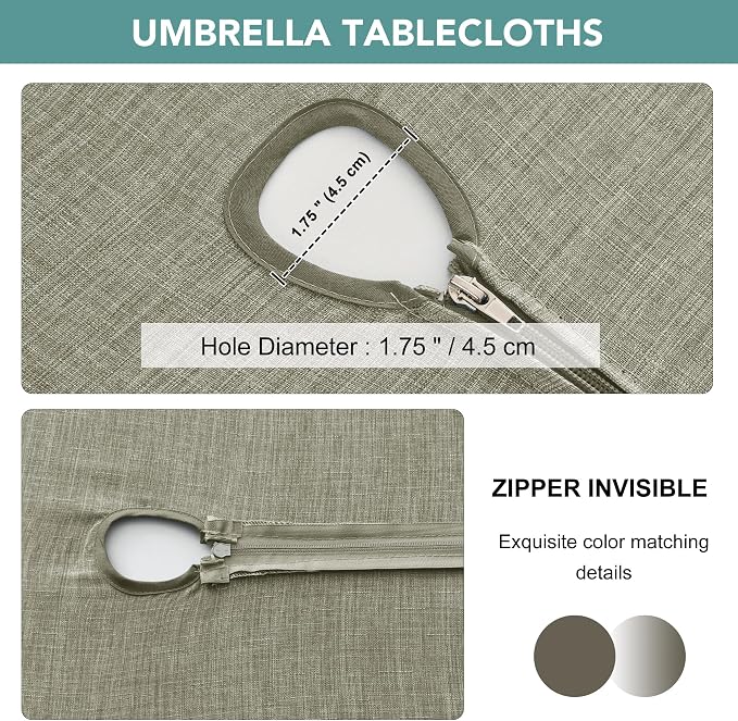 LUSHVIDA Outdoor Tablecloth with Umbrella Hole - Patio Table Cloth Zippered Rectangle 52x70 Inch, Khaki Linen-Look Polyester Table Cover Water Resistant for Picnic Outside