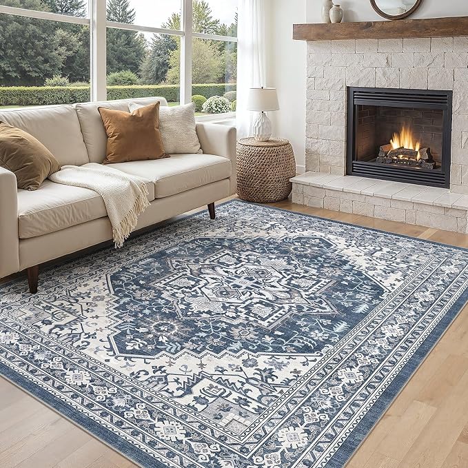 UERMEI 5x7 Area Rug for Living Room - Washable Vintage Carpet, Non-Slip Soft Large Indoor Floor Rugs for Bedroom Home Office & Under Dining Table Decor, Denim Blue/White