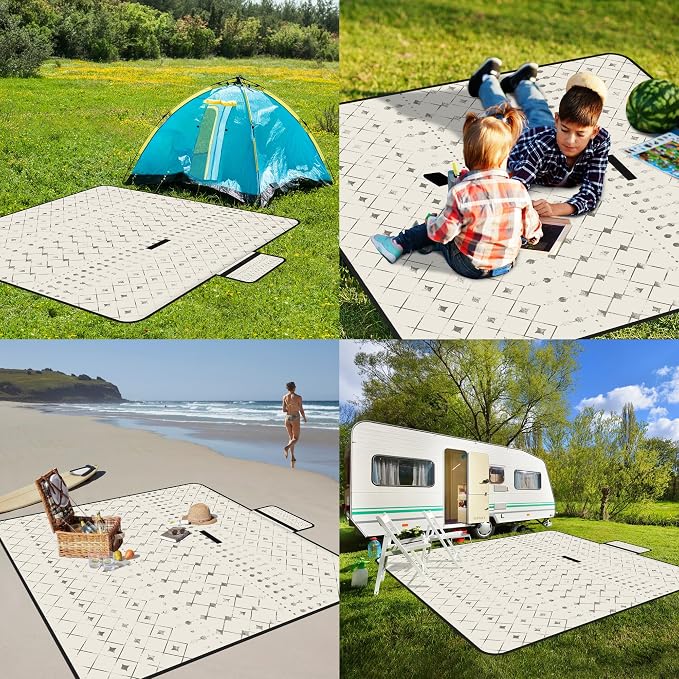 Picnic Blankets Waterproof,79''x79'' Extra Large Foldable Sandproof Beach Blanket,Portable 3-Layer Polyester Outdoor Picnic Blanket for Grass Lawn,Beach,Family Camping,Park,Travel-Beige