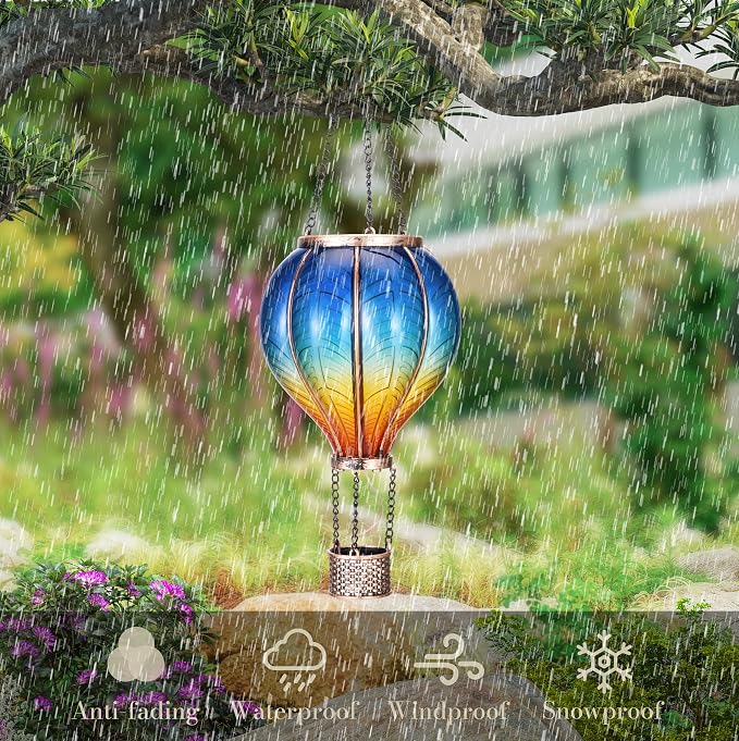 TERESA'S COLLECTIONS 2 Pack Hanging Solar Lantern Outdoor Garden Decor for Valentine,Waterproof Plastic Hot Air Balloon Blue Flickering Flame Effect Lantern for Yard Tree,Gift for Mom,18"