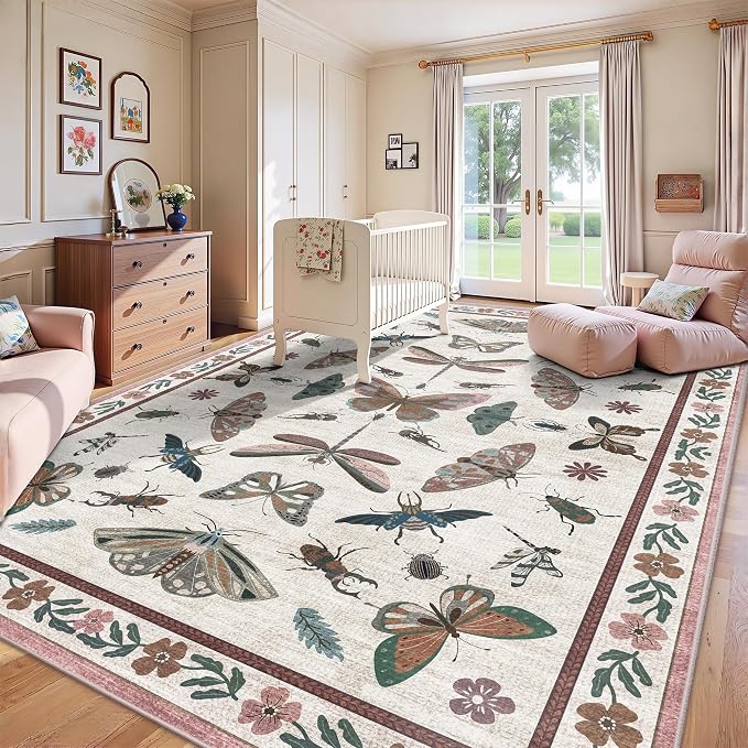 8x10 Area Rugs, Insect Ultra Soft Washable Rug Non Slip with Rubber Back, Stain Resistant Rugs for Living Room, Bedroom, Dining Room, Kids Room(Pink Butterfly)