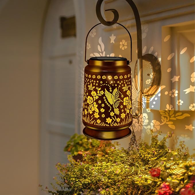 KY&BOSAM Retro Led Hummingbird Solar Lanterns Outdoor Waterproof | Metal Openwork Hanging Solar Lights Gifts for Women Mom Grandma Birthday Outside for Yard Patio Backyard Porch Garden Decor