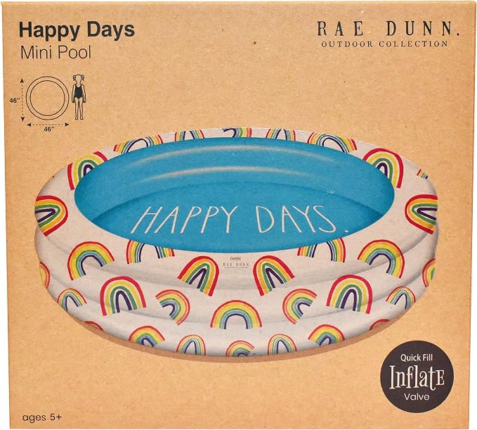 Rae Dunn x CocoNut Float Mini Pool with Rainbow Graphics, Happy Days Theme | Inflatable swimming pool for kids, splash design, easy setup, great backyard fun, durable, perfect for summer parties