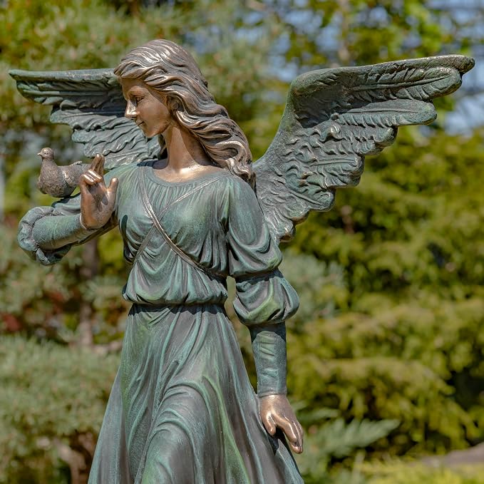 Zaer Ltd. 46" Tall Magnesium Angel Statue with Billowing Dress and Bird Perched on Shoulder in Antique Grey Maria (Antique Bronze)