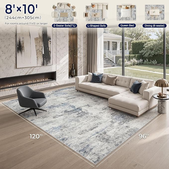 DMOYEST 8x10 Area Rug for Living Room Washable Abstract Indoor Carpet | Neutral Modern Low Pile Rugs Kid & Pet Friendly Large Soft Thin Carpet for Bedroom Dining Room - Grey Blue