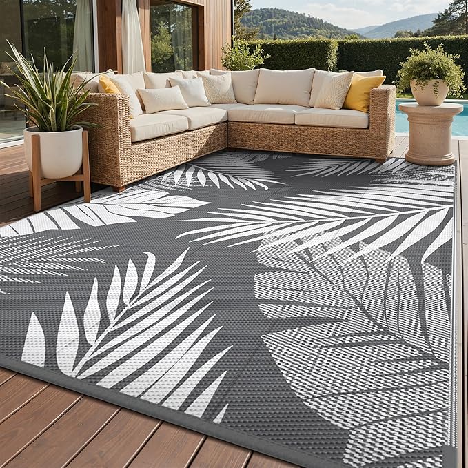 GENIMO Outdoor Rug 9' x 12' Waterproof for Patios Clearance, Reversible Plastic Straw Camping Carpet, Large Area Rugs Mats RV, Picnic, Backyard, Deck, Balcony, Porch, Beach, Grey&White