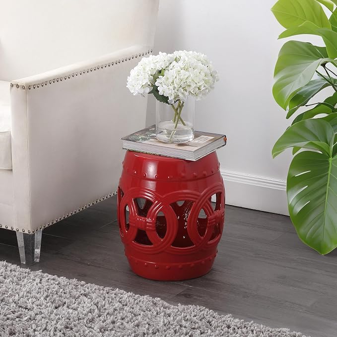 JONATHAN Y Lucky Coins 16" Ceramic Garden Stool, Contemporary Matte Red Cutout Interlocking Rings Drum Indoor/Outdoor Side Table and Plant Stand for Patio, Garden, Living Room TBL1022C