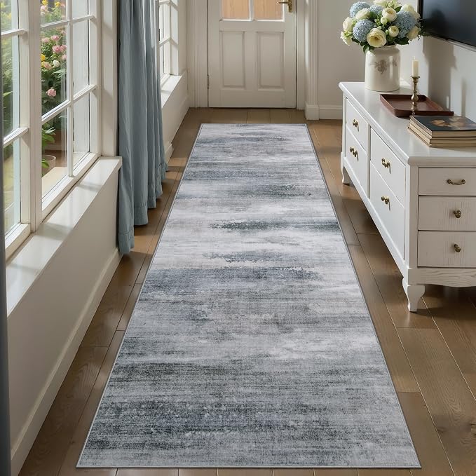 Tangsoo Abstract 2.6x8 Washable Runner Rug for Hallways,Non Slip Runner Rug | Modern Soft Low Pile Long Runner Rug, Contemporary Carpet Runners for Kitchen Bedroom Entryway Living Room Grey Home Decor