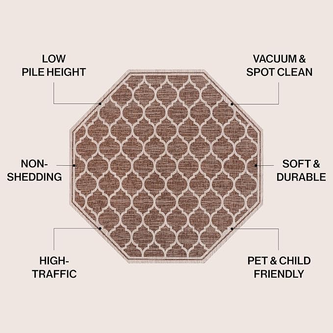 JONATHAN Y Moroccan Trellis Indoor Outdoor Octagon Area Rug 5 Ft Espresso/Taupe, Trebol Textured Weave for Backyard, Patio, Porch, Easy-Cleaning, Pet-Friendly, Non-Shedding (SMB109B-5TGN)